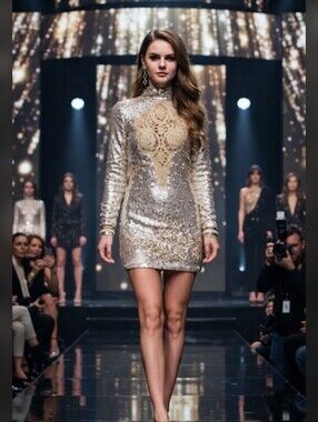 Sexy Silver Sequin Mini Dress with Lace Hollow Out Chest Long Sleeve